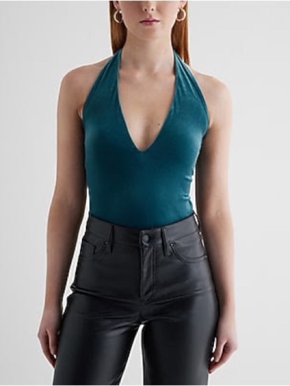 Express Body Contour Velvet Deep V-Neck Halter Bodysuit Teal Small
